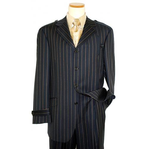 Steve Harvey Collection Navy/Tan Stripes French Cuffs Super 120's Merino Wool Suit
